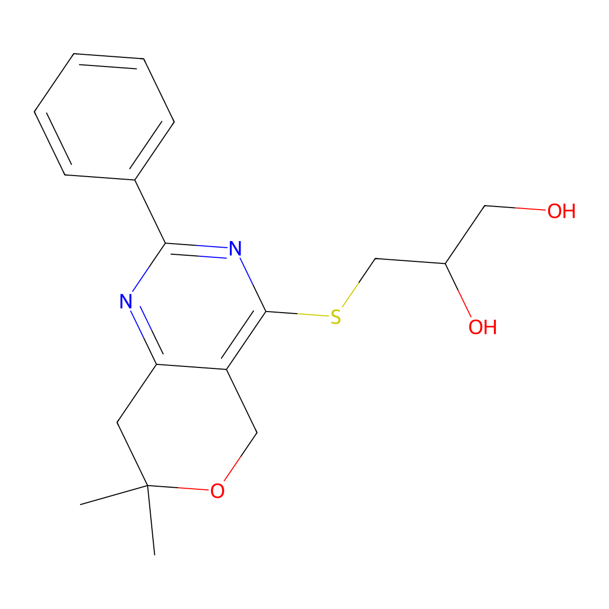 3-[(7,7-Dimethyl-2-phenyl-5,8-dihydropyrano[4,3-d]pyrimidin-4-yl)sulfanyl]propane-1,2-diol molecular structure, CAS 844832-92-4