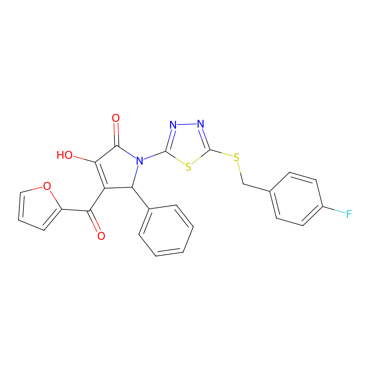 (4E)-1-{5-[(4-fluorobenzyl)sulfanyl]-1,3,4-thiadiazol-2-yl}-4-[furan-2-yl(hydroxy)methylidene]-5-phenylpyrrolidine-2,3-dione molecular structure, CAS 844833-00-7