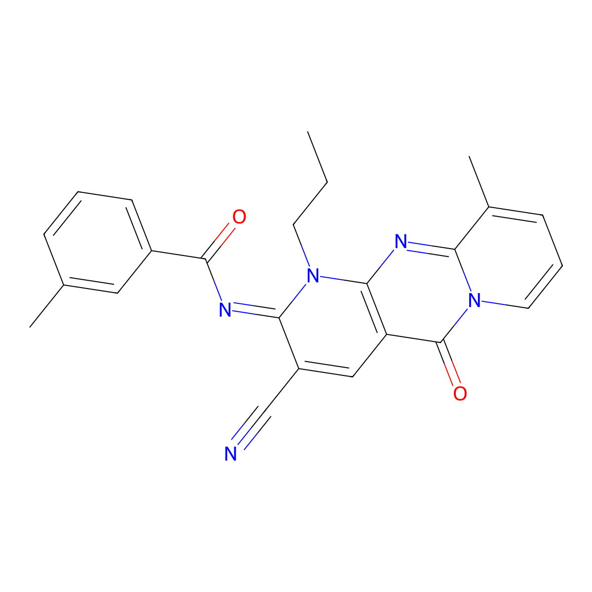 N-(3-cyano-10-methyl-5-oxo-1-propyl-1,5-dihydro-2H-dipyrido[1,2-a:2,3-d]pyrimidin-2-ylidene)-3-methylbenzamide molecular structure, CAS 844833-47-2