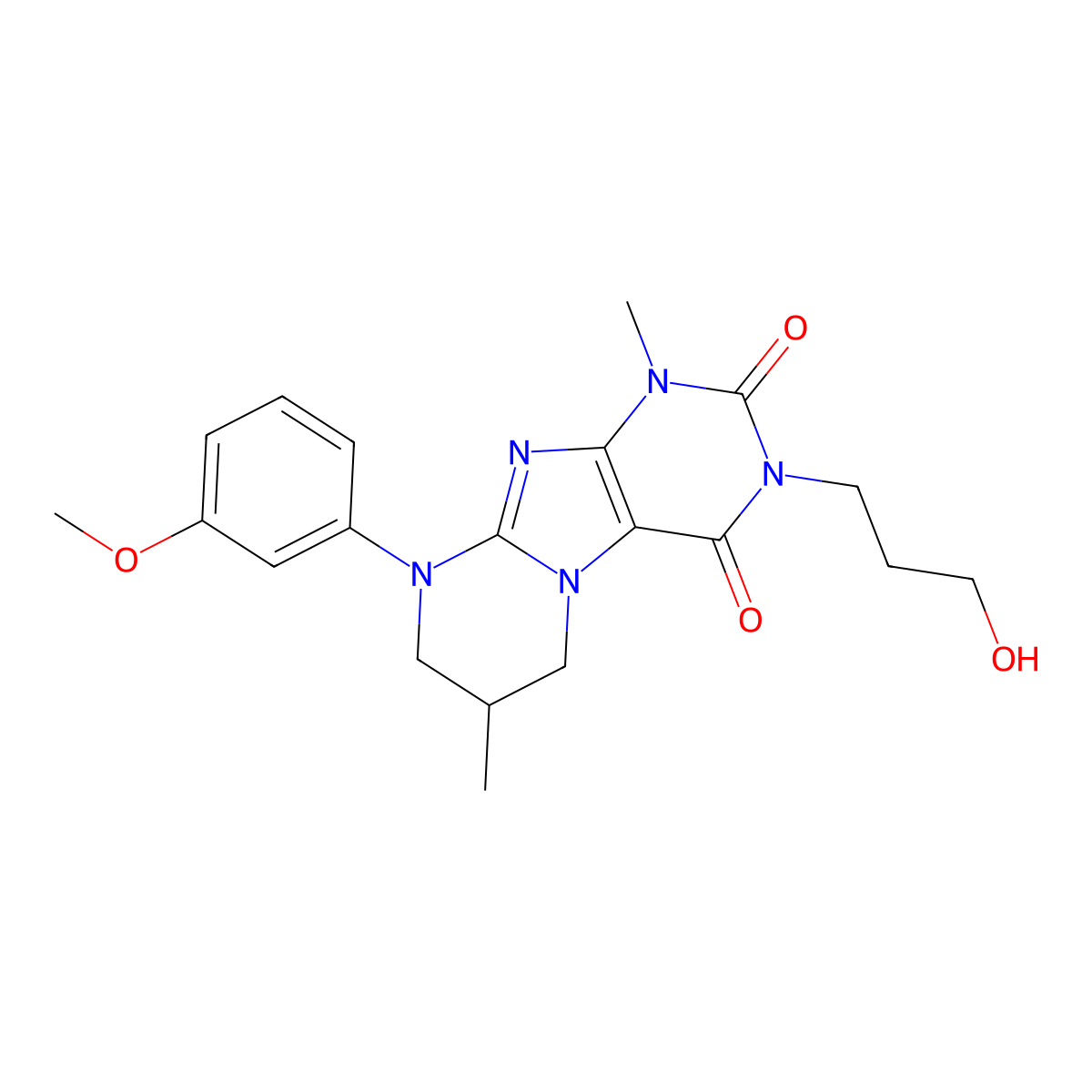 3-(3-hydroxypropyl)-9-(3-methoxyphenyl)-1,7-dimethyl-7,8-dihydro-6H-purino[7,8-a]pyrimidine-2,4-dione molecular structure, CAS 844834-10-2