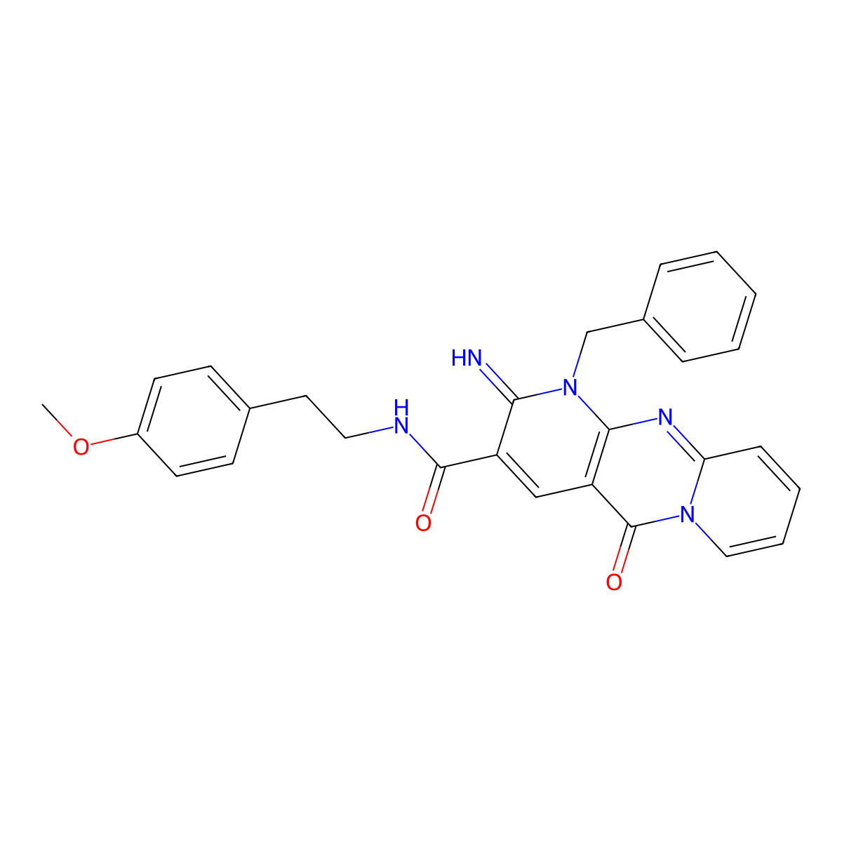 1-benzyl-2-imino-N~3~-(4-methoxyphenethyl)-5-oxo-1,5-dihydro-2H-dipyrido[1,2-a:2,3-d]pyrimidine-3-carboxamide molecular structure, CAS 844835-18-3