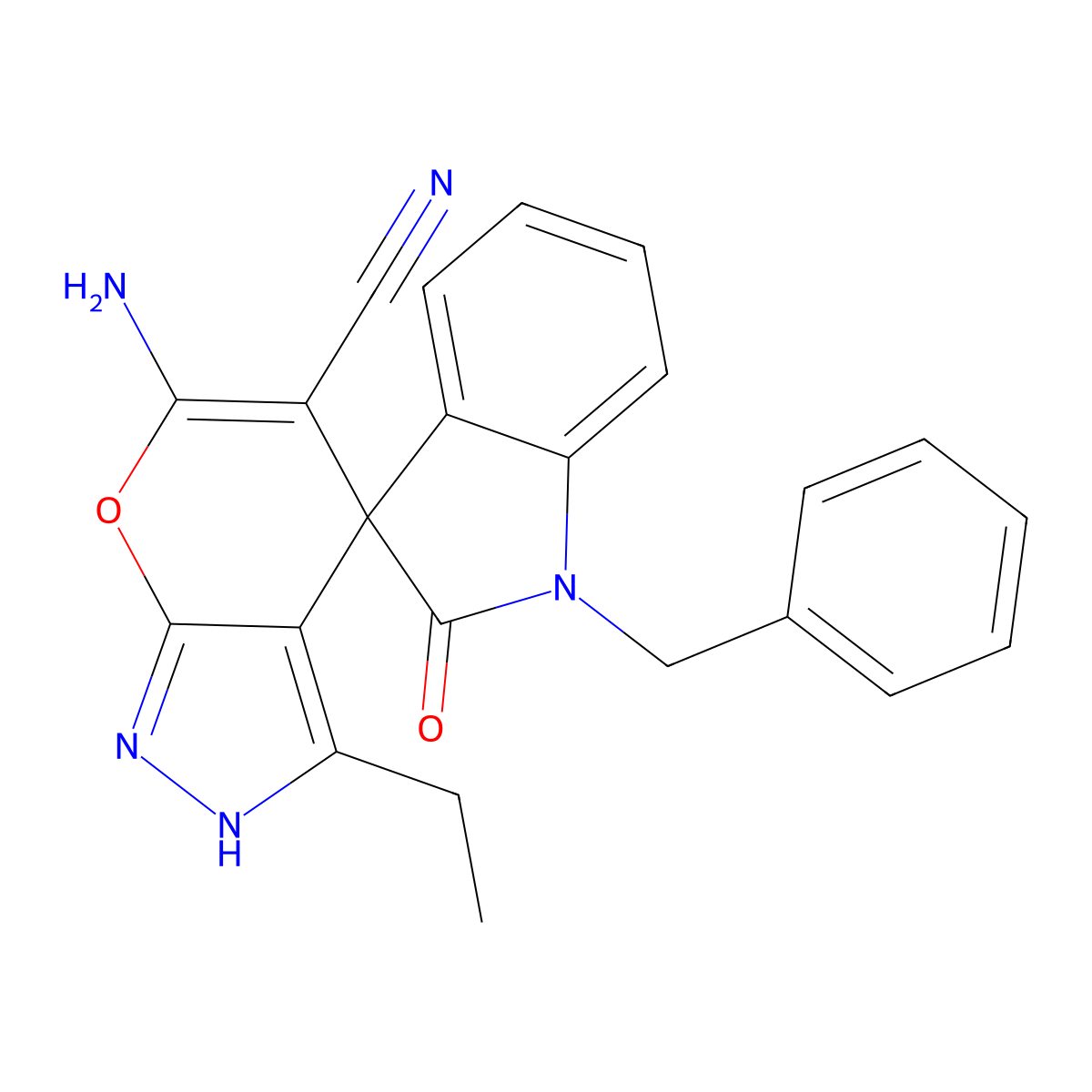 6-amino-3-ethyl-2,4-dihydropyrano[2,3-c]pyrazole-5-carbonitrile-4-spiro-3'-(1'-benzyl-1',3'-dihydro-2'H-indol-2'-one) molecular structure, CAS 844835-40-1