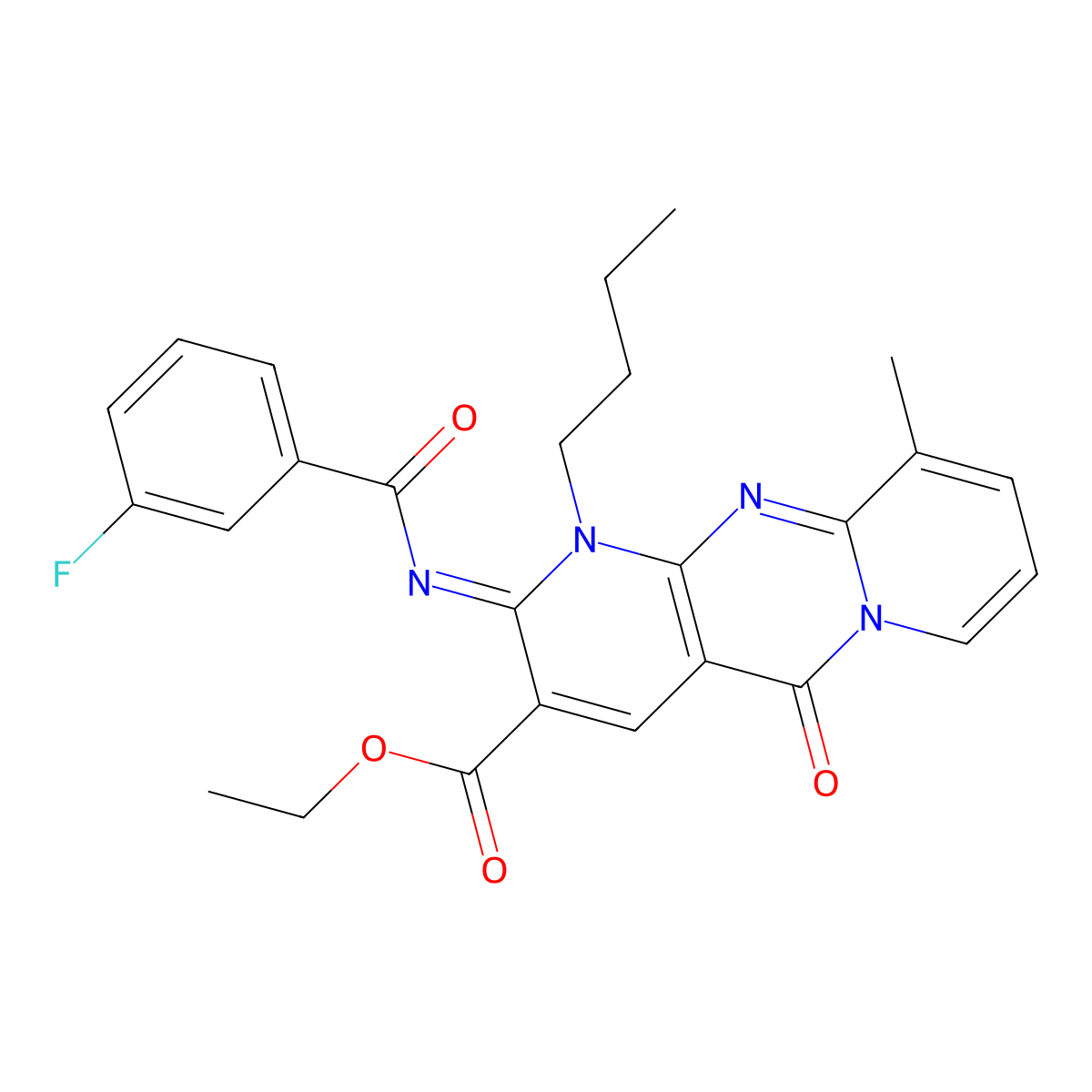 ethyl 1-butyl-2-[(3-fluorobenzoyl)imino]-10-methyl-5-oxo-1,5-dihydro-2H-dipyrido[1,2-a:2,3-d]pyrimidine-3-carboxylate molecular structure, CAS 844835-43-4
