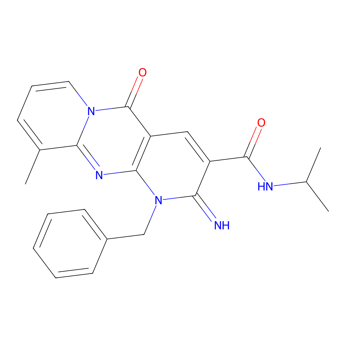 1-benzyl-2-imino-N-isopropyl-10-methyl-5-oxo-1,5-dihydro-2H-dipyrido[1,2-a:2,3-d]pyrimidine-3-carboxamide molecular structure, CAS 844835-79-6
