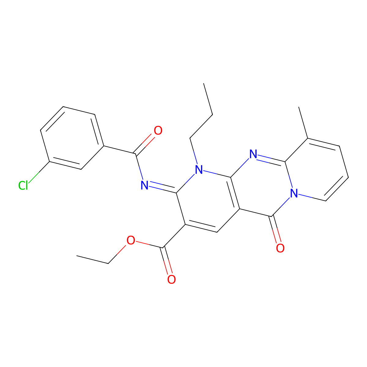 ethyl 2-[(3-chlorobenzoyl)imino]-10-methyl-5-oxo-1-propyl-1,5-dihydro-2H-dipyrido[1,2-a:2,3-d]pyrimidine-3-carboxylate molecular structure, CAS 844836-24-4