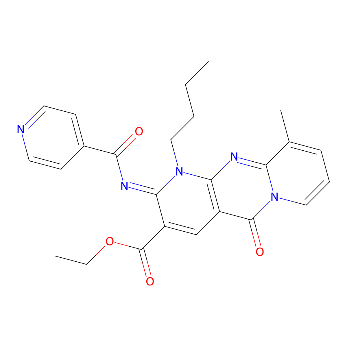 ethyl 1-butyl-2-(isonicotinoylimino)-10-methyl-5-oxo-1,5-dihydro-2H-dipyrido[1,2-a:2,3-d]pyrimidine-3-carboxylate molecular structure, CAS 844836-36-8