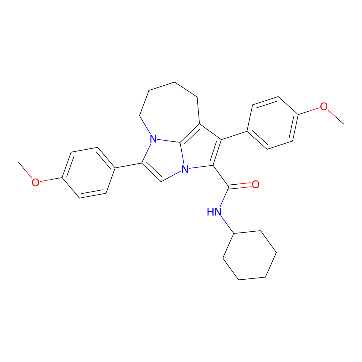 N-cyclohexyl-1,4-bis(4-methoxyphenyl)-5,6,7,8-tetrahydro-2a,4a-diazacyclopenta[cd]azulene-2-carboxamide molecular structure, CAS 844836-43-7