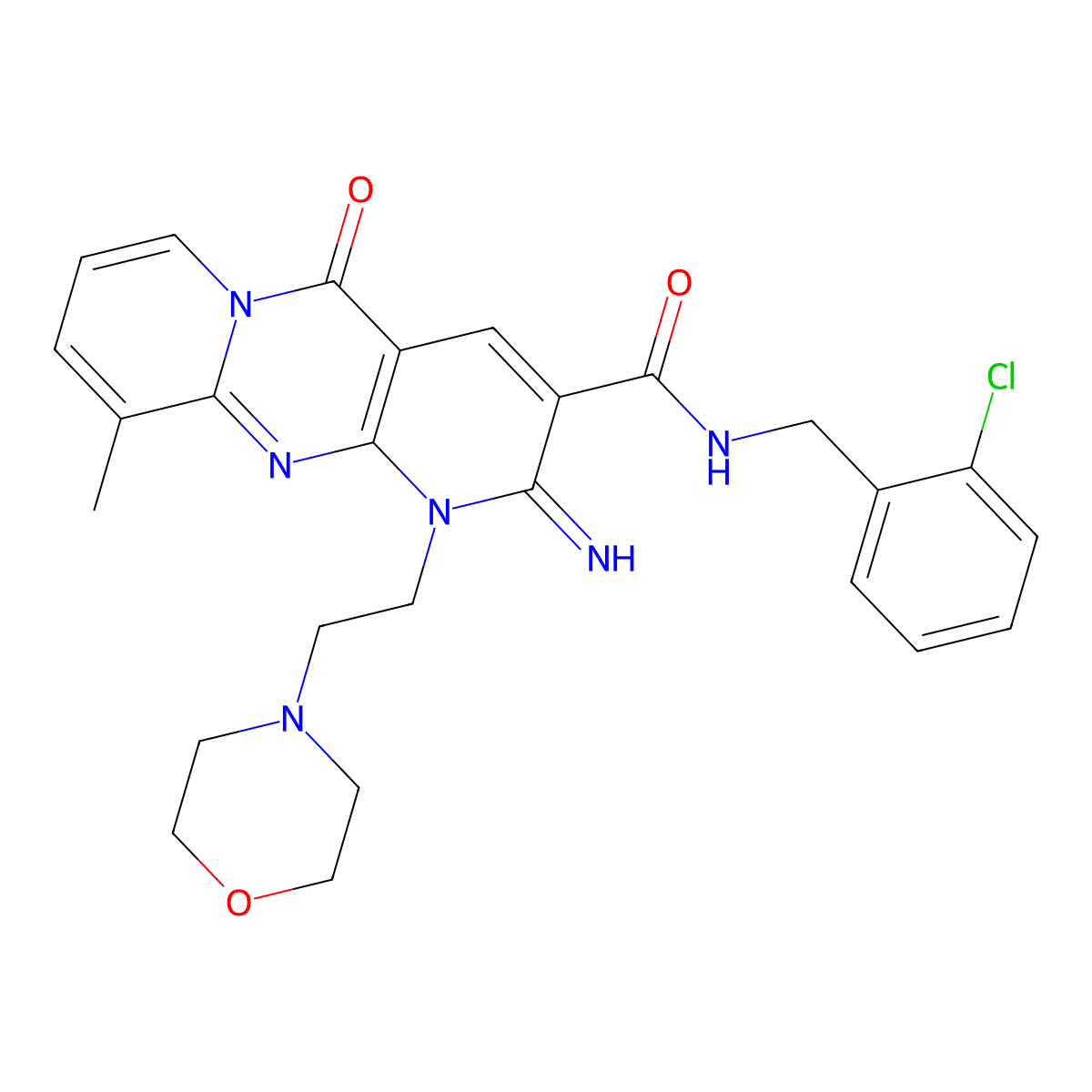 N-(2-chlorobenzyl)-2-imino-10-methyl-1-[2-(morpholin-4-yl)ethyl]-5-oxo-1,5-dihydro-2H-dipyrido[1,2-a:2',3'-d]pyrimidine-3-carboxamide molecular structure, CAS 844850-89-1