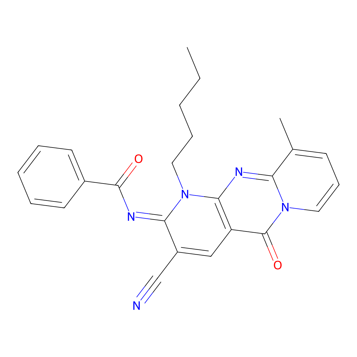 N-(3-cyano-10-methyl-5-oxo-1-pentyl-1,5-dihydro-2H-dipyrido[1,2-a:2,3-d]pyrimidin-2-ylidene)benzamide molecular structure, CAS 844851-48-5