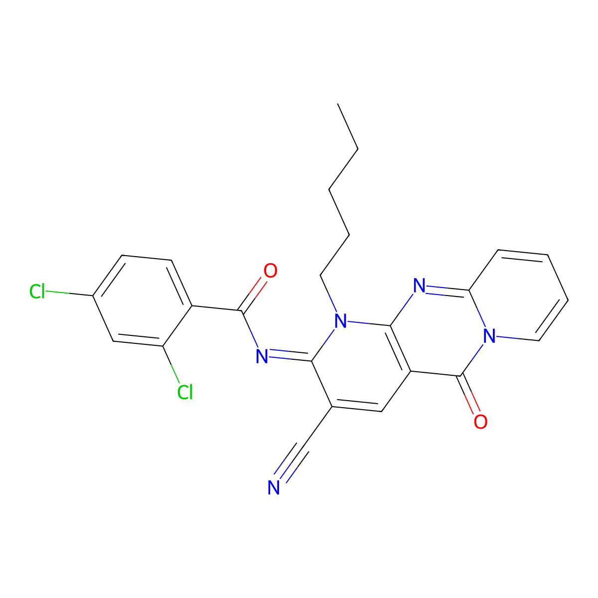2,4-dichloro-N-(3-cyano-5-oxo-1-pentyl-1,5-dihydro-2H-dipyrido[1,2-a:2,3-d]pyrimidin-2-ylidene)benzamide molecular structure, CAS 844851-78-1