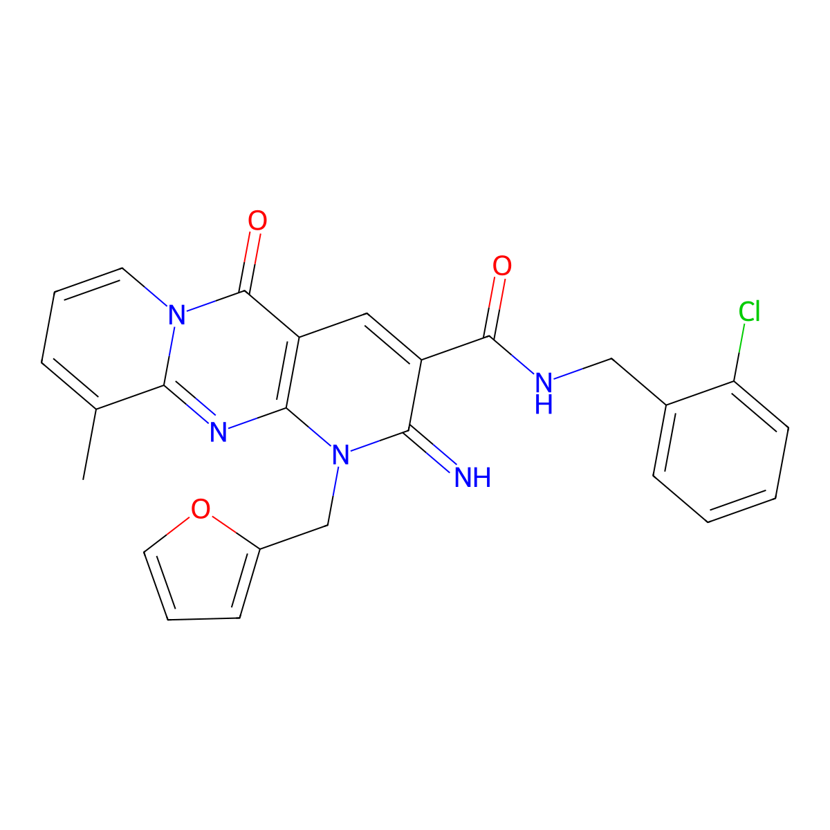 N-(2-chlorobenzyl)-1-(furan-2-ylmethyl)-2-imino-10-methyl-5-oxo-1,5-dihydro-2H-dipyrido[1,2-a:2',3'-d]pyrimidine-3-carboxamide molecular structure, CAS 844852-07-9