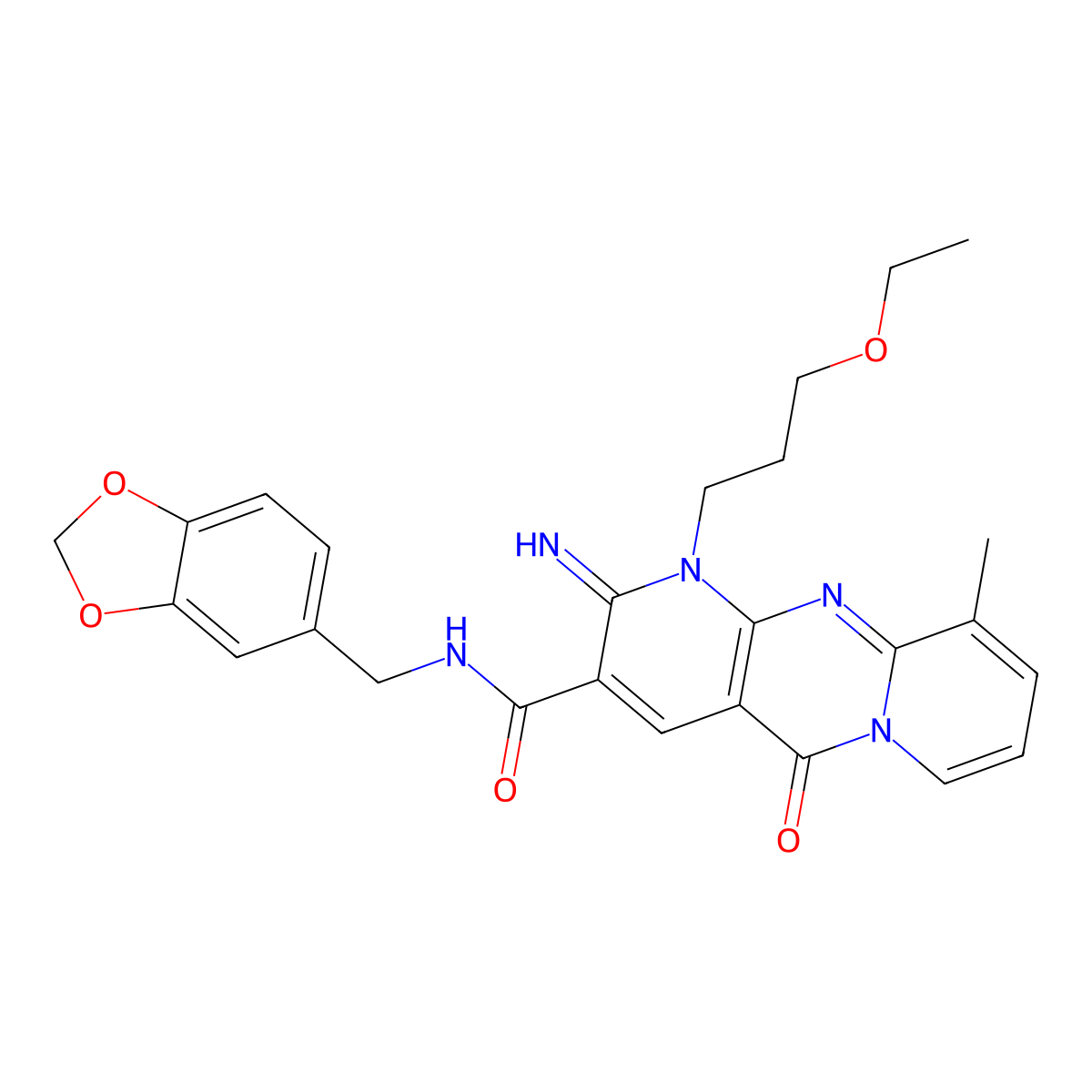 N-(1,3-benzodioxol-5-ylmethyl)-1-(3-ethoxypropyl)-2-imino-10-methyl-5-oxo-1,5-dihydro-2H-dipyrido[1,2-a:2',3'-d]pyrimidine-3-carboxamide molecular structure, CAS 844852-14-8