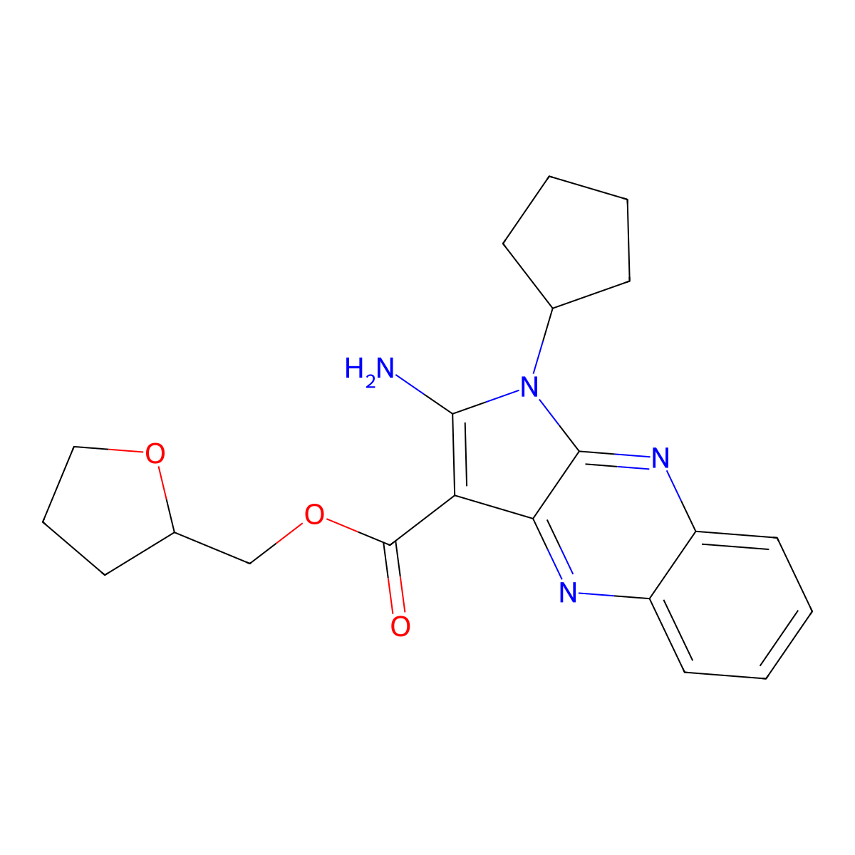 (tetrahydrofuran-2-yl)methyl 2-amino-1-cyclopentyl-1H-pyrrolo[2,3-b]quinoxaline-3-carboxylate molecular structure, CAS 844853-20-9