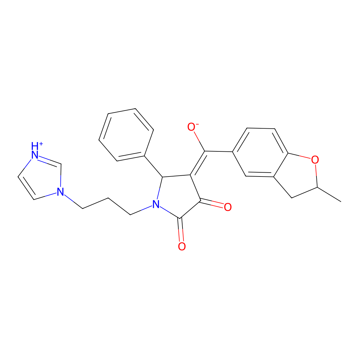 4-[Hydroxy-(2-methyl-2,3-dihydro-1-benzofuran-5-yl)methylidene]-1-(3-imidazol-1-ylpropyl)-5-phenylpyrrolidine-2,3-dione molecular structure, CAS 844853-43-6