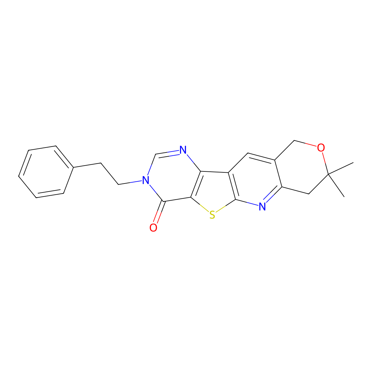 8,8-dimethyl-3-phenethyl-7,8-dihydro-3H-pyrano[3'',4'':5',6']pyrido[3',2':4,5]thieno[3,2-d]pyrimidin-4(10H)-one molecular structure, CAS 844854-17-7