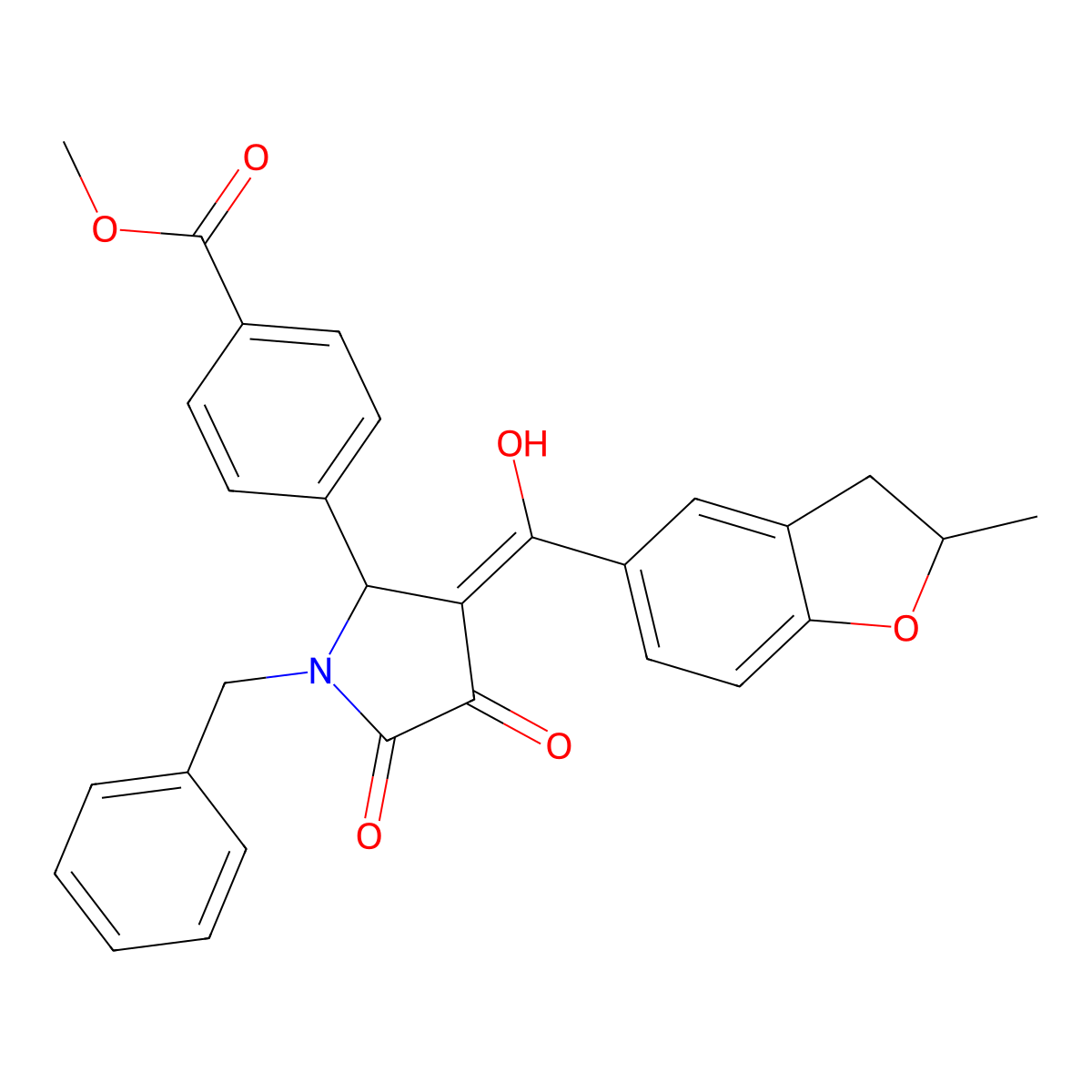 methyl 4-[1-benzyl-4-hydroxy-3-(2-methyl-2,3-dihydro-1-benzofuran-5-carbonyl)-5-oxo-2,5-dihydro-1H-pyrrol-2-yl]benzoate molecular structure, CAS 844854-40-6