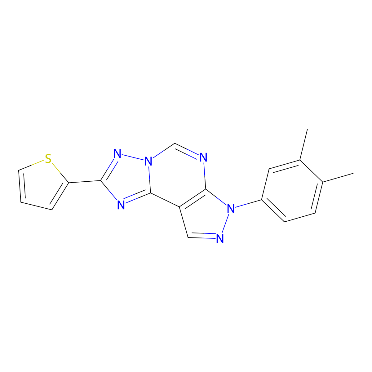 10-(3,4-Dimethylphenyl)-4-(thiophen-2-yl)-3,5,6,8,10,11-hexaazatricyclo[7.3.0.0^{2,6}]dodeca-1(9),2,4,7,11-pentaene molecular structure, CAS 844855-21-6