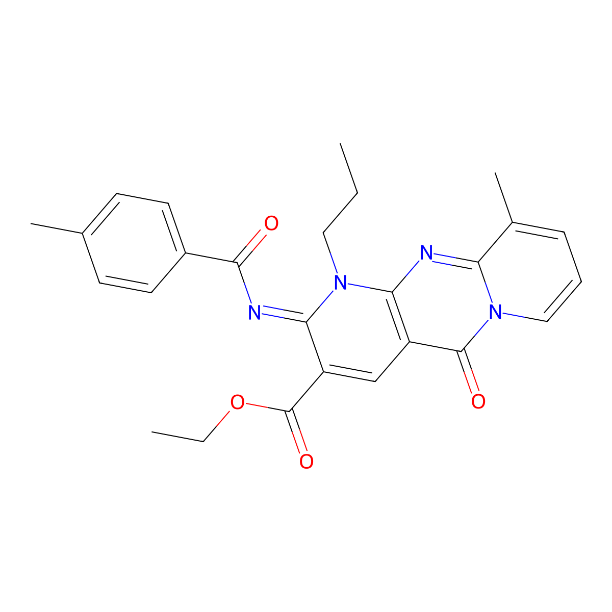 ethyl 10-methyl-2-[(4-methylbenzoyl)imino]-5-oxo-1-propyl-1,5-dihydro-2H-dipyrido[1,2-a:2,3-d]pyrimidine-3-carboxylate molecular structure, CAS 844855-41-0