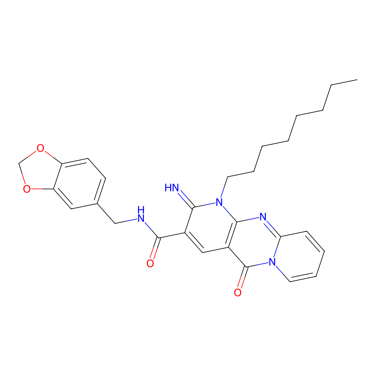 N-(1,3-benzodioxol-5-ylmethyl)-2-imino-1-octyl-5-oxo-1,5-dihydro-2H-dipyrido[1,2-a:2',3'-d]pyrimidine-3-carboxamide molecular structure, CAS 844859-50-3