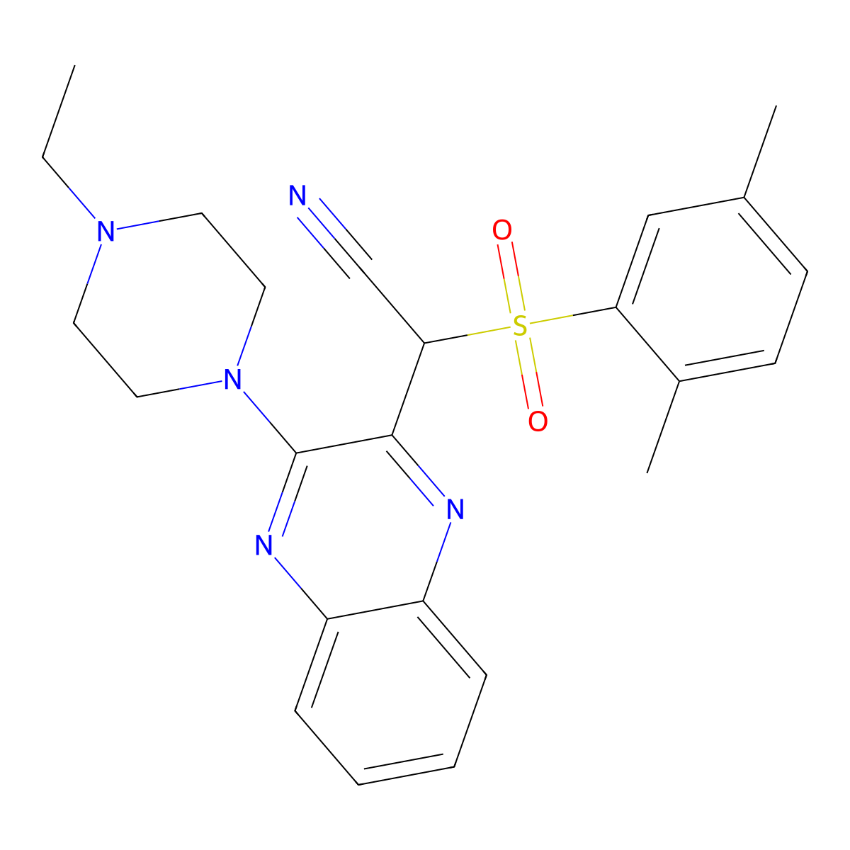 2-((2,5-Dimethylphenyl)sulfonyl)-2-(3-(4-ethylpiperazin-1-yl)quinoxalin-2-yl)acetonitrile molecular structure, CAS 844859-74-1