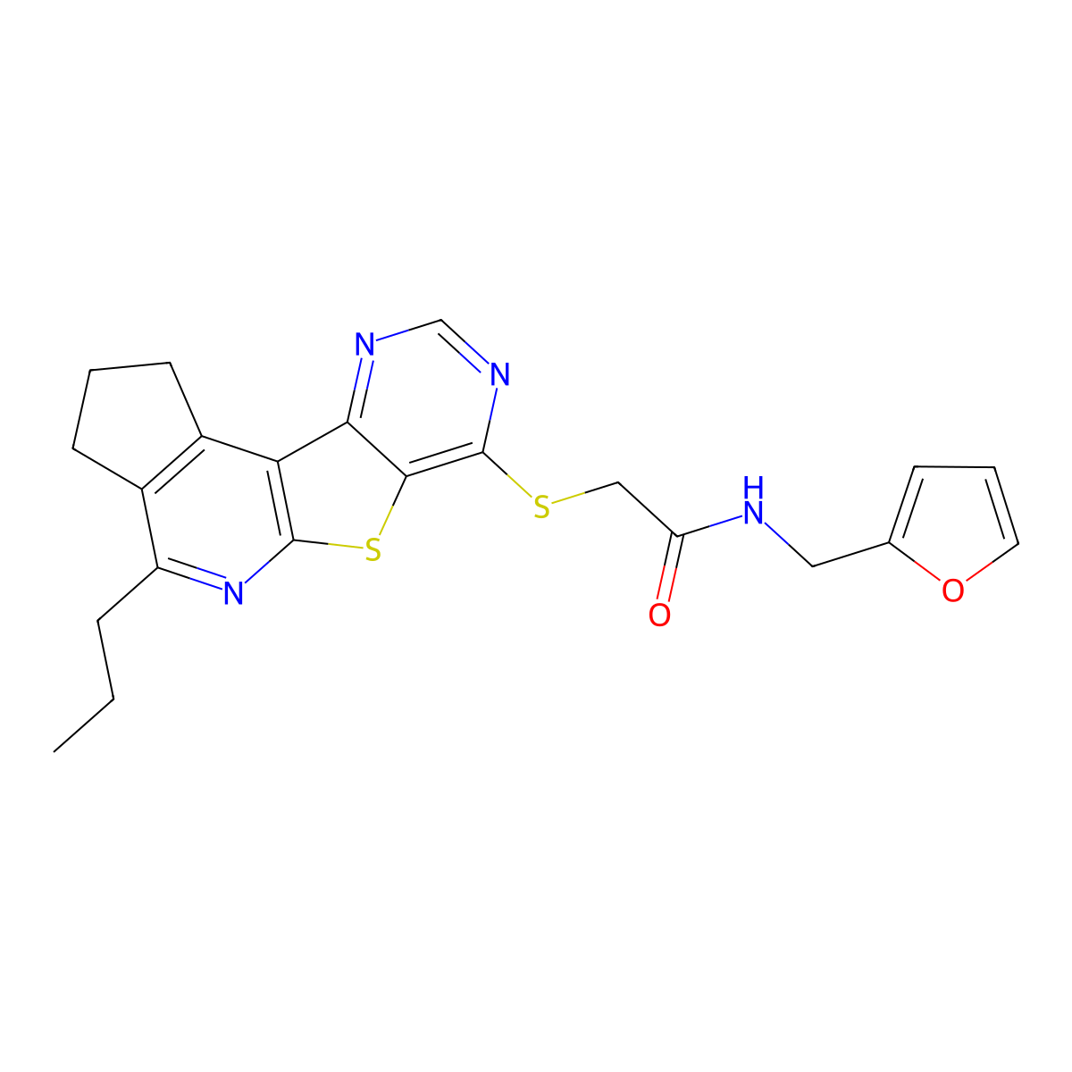 N-(Furan-2-ylmethyl)-2-((4-propyl-2,3-dihydro-1H-cyclopenta[4',5']pyrido[3',2':4,5]thieno[3,2-d]pyrimidin-7-yl)thio)acetamide molecular structure, CAS 844859-80-9