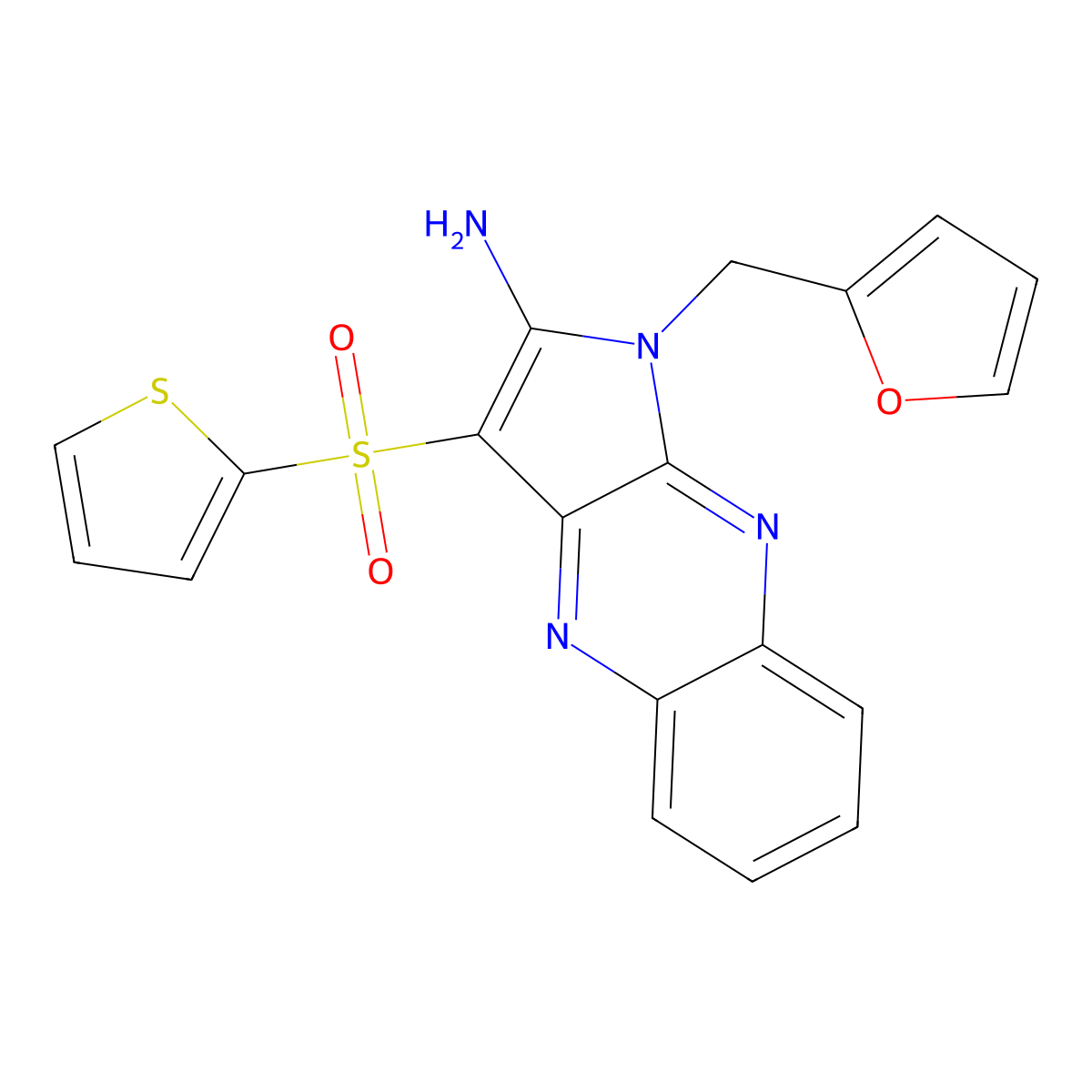 1-(furan-2-ylmethyl)-3-(thiophen-2-ylsulfonyl)-1H-pyrrolo[2,3-b]quinoxalin-2-amine molecular structure, CAS 844859-94-5