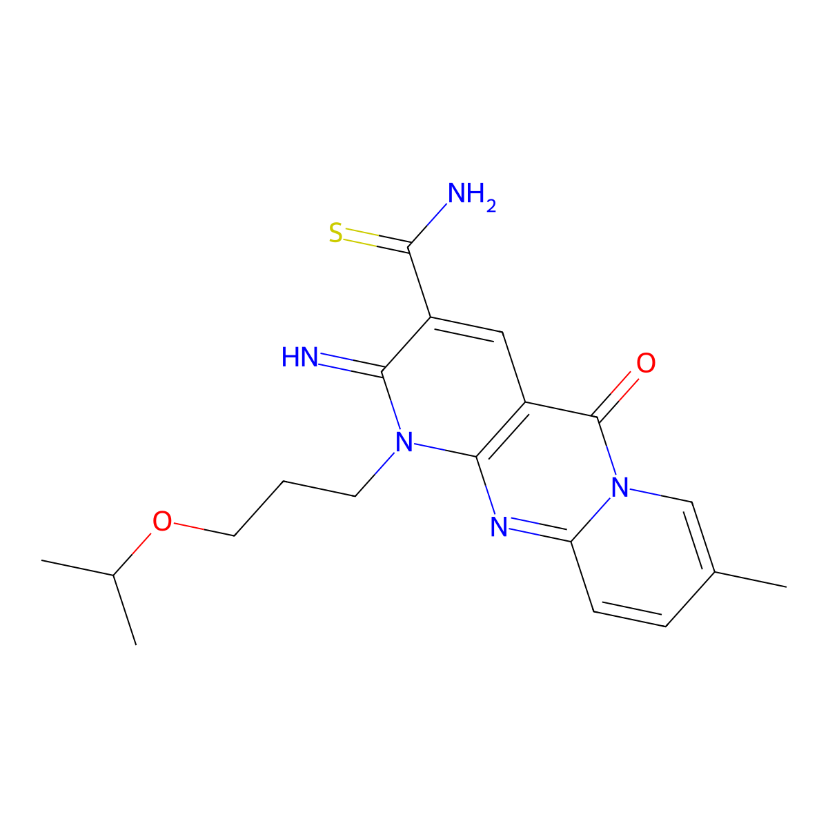 2-imino-1-(3-isopropoxypropyl)-8-methyl-5-oxo-1,5-dihydro-2H-dipyrido[1,2-a:2,3-d]pyrimidine-3-carbothioamide molecular structure, CAS 844860-01-1