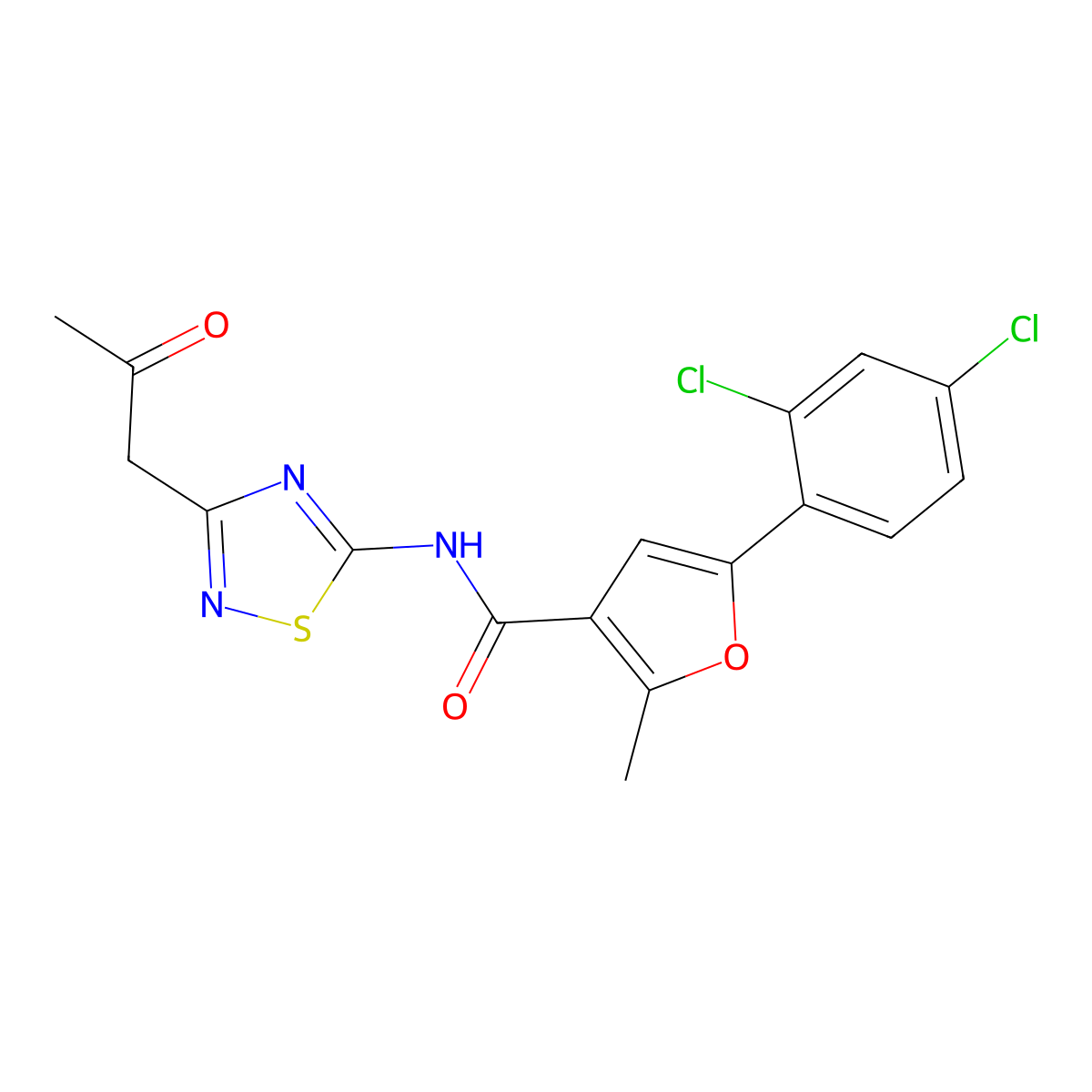 5-(2,4-dichlorophenyl)-2-methyl-N-[3-(2-oxopropyl)-1,2,4-thiadiazol-5-yl]furan-3-carboxamide molecular structure, CAS 844860-07-7
