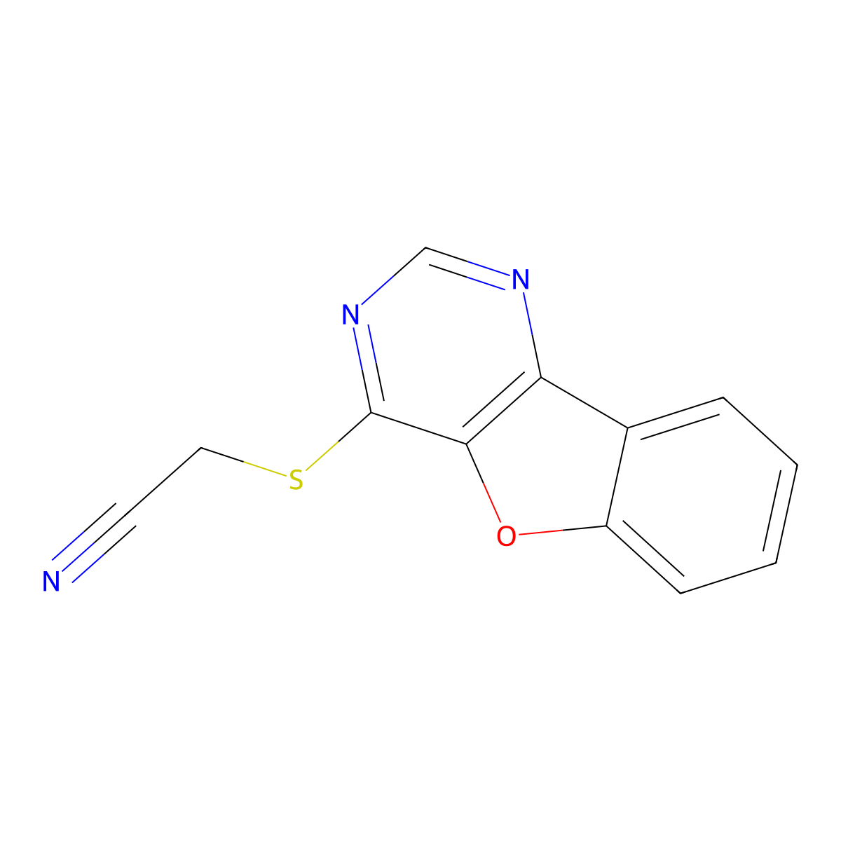 2-([1]Benzofuro[3,2-d]pyrimidin-4-ylsulfanyl)acetonitrile molecular structure, CAS 844861-03-6