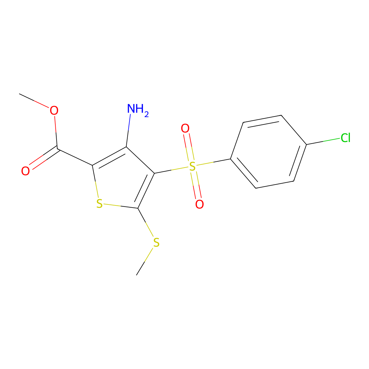 Methyl 3-amino-4-[(4-chlorophenyl)sulfonyl]-5-(methylthio)thiophene-2-carboxylate molecular structure, CAS 845266-18-4