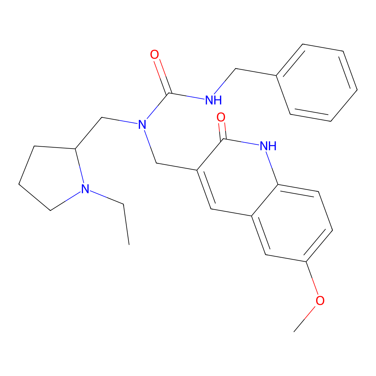 3-Benzyl-1-(1-ethyl-pyrrolidin-2-ylmethyl)-1-(6-methoxy-2-oxo-1,2-dihydro-quinolin-3-ylmethyl)-urea molecular structure, CAS 845290-59-7