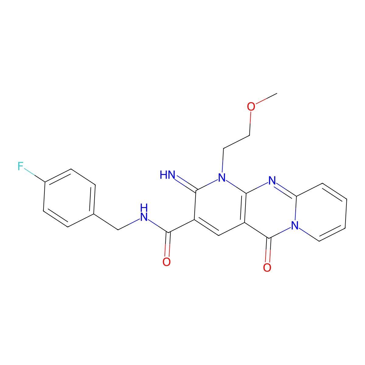 N-[(4-fluorophenyl)methyl]-6-imino-7-(2-methoxyethyl)-2-oxo-1,7,9-triazatricyclo[8.4.0.0^{3,8}]tetradeca-3(8),4,9,11,13-pentaene-5-carboxamide molecular structure, CAS 845627-02-3