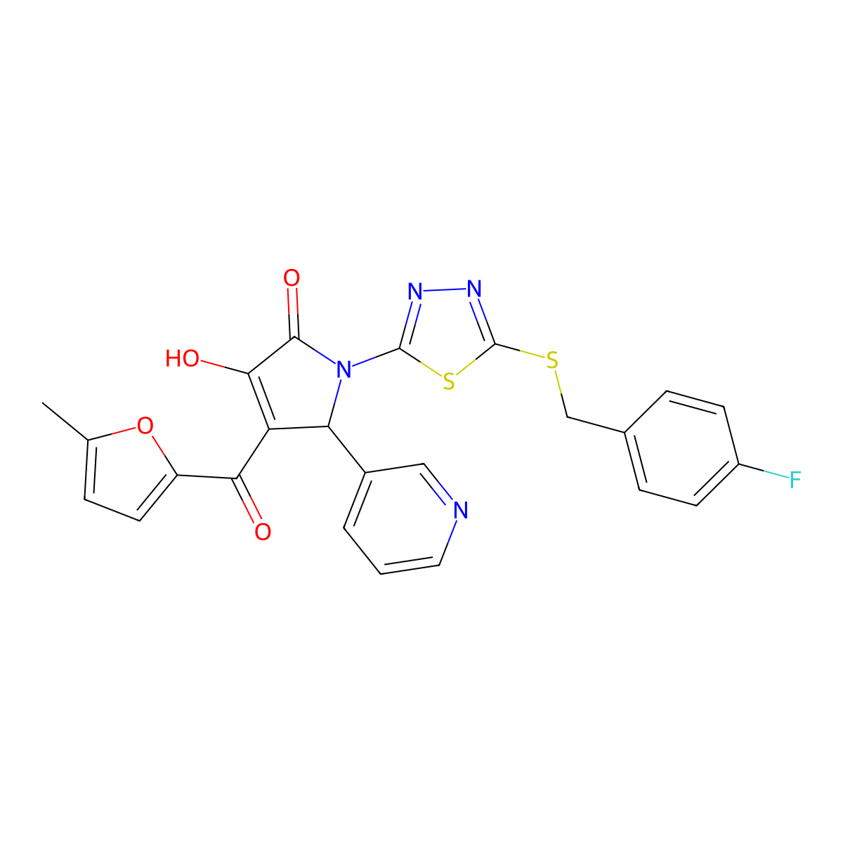 (4E)-1-{5-[(4-fluorobenzyl)sulfanyl]-1,3,4-thiadiazol-2-yl}-4-[hydroxy(5-methylfuran-2-yl)methylidene]-5-(pyridin-3-yl)pyrrolidine-2,3-dione molecular structure, CAS 845627-54-5