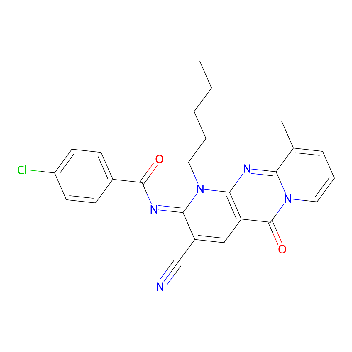 (E)-4-chloro-N-(3-cyano-10-methyl-5-oxo-1-pentyl-1H-dipyrido[1,2-a:2',3'-d]pyrimidin-2(5H)-ylidene)benzamide molecular structure, CAS 845628-45-7