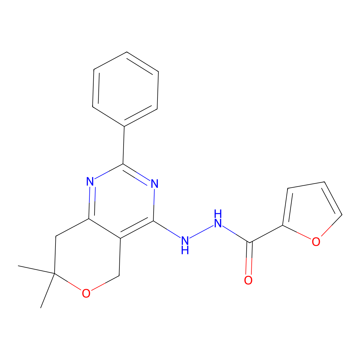 N'-(7,7-dimethyl-2-phenyl-5,8-dihydropyrano[4,3-d]pyrimidin-4-yl)furan-2-carbohydrazide molecular structure, CAS 845628-84-4