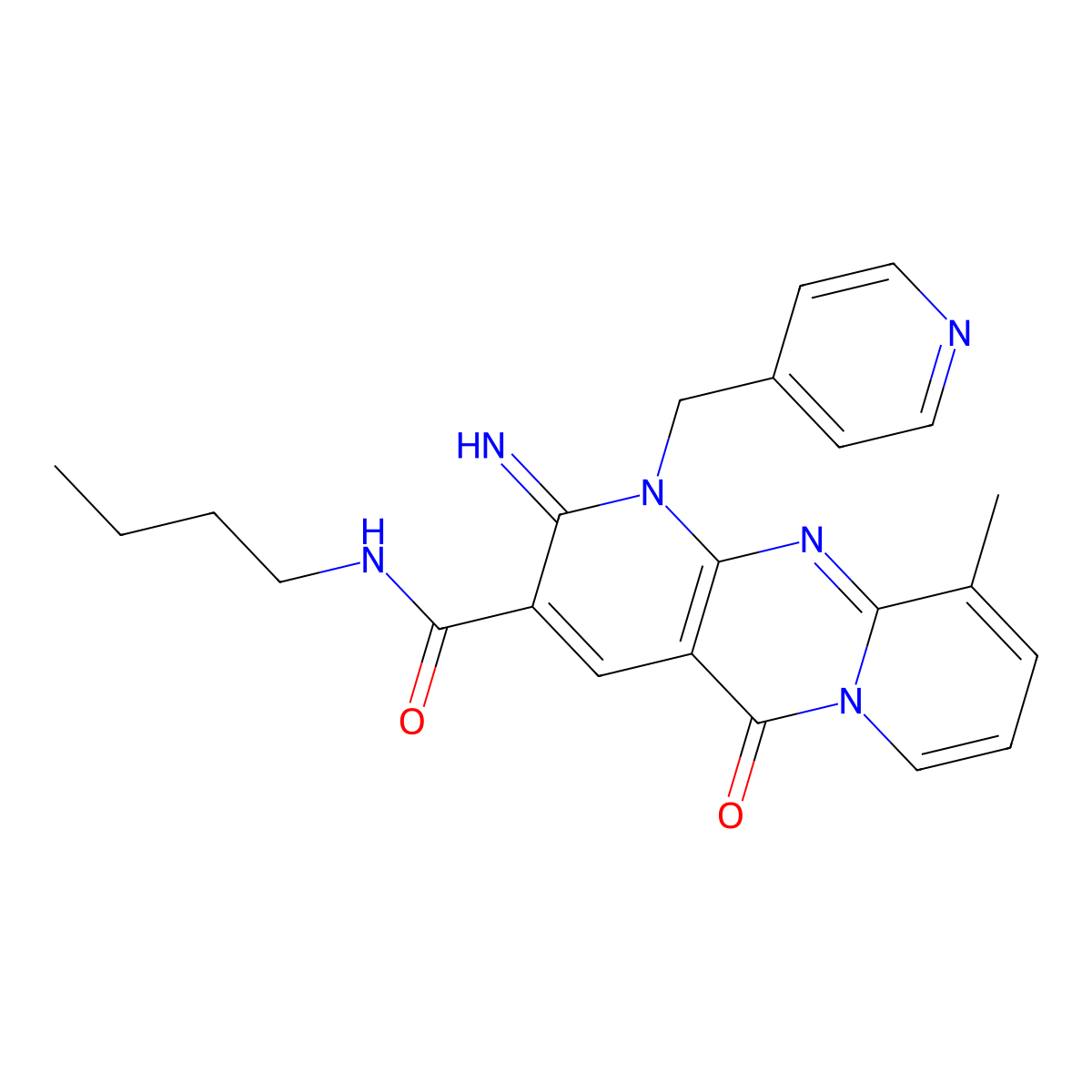 N-butyl-6-imino-11-methyl-2-oxo-7-[(pyridin-4-yl)methyl]-1,7,9-triazatricyclo[8.4.0.0^{3,8}]tetradeca-3(8),4,9,11,13-pentaene-5-carboxamide molecular structure, CAS 845629-03-0