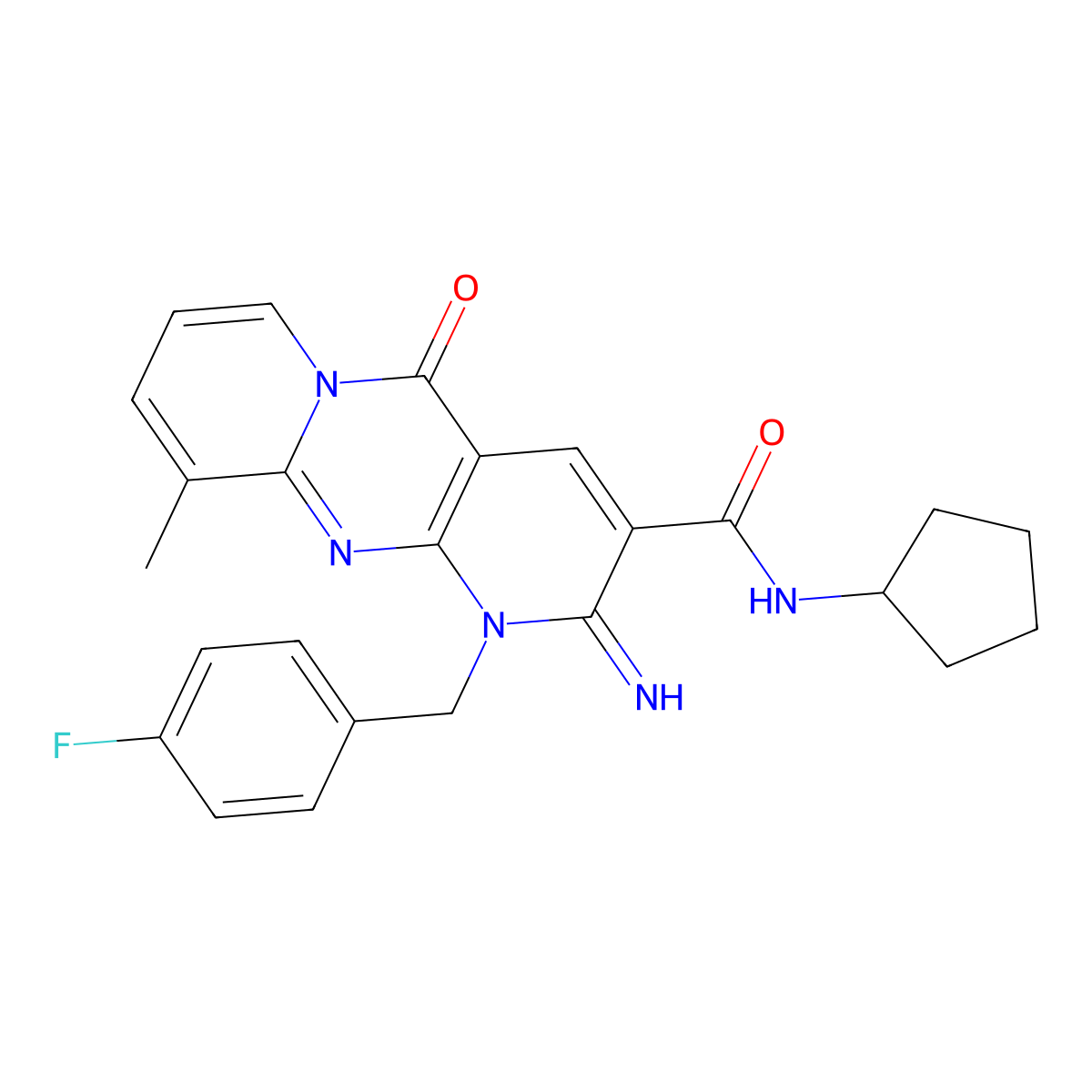 N-cyclopentyl{1-[(4-fluorophenyl)methyl]-2-imino-10-methyl-5-oxo(1,6-dihydropy ridino[2,3-d]pyridino[1,2-a]pyrimidin-3-yl)}carboxamide molecular structure, CAS 845630-49-1
