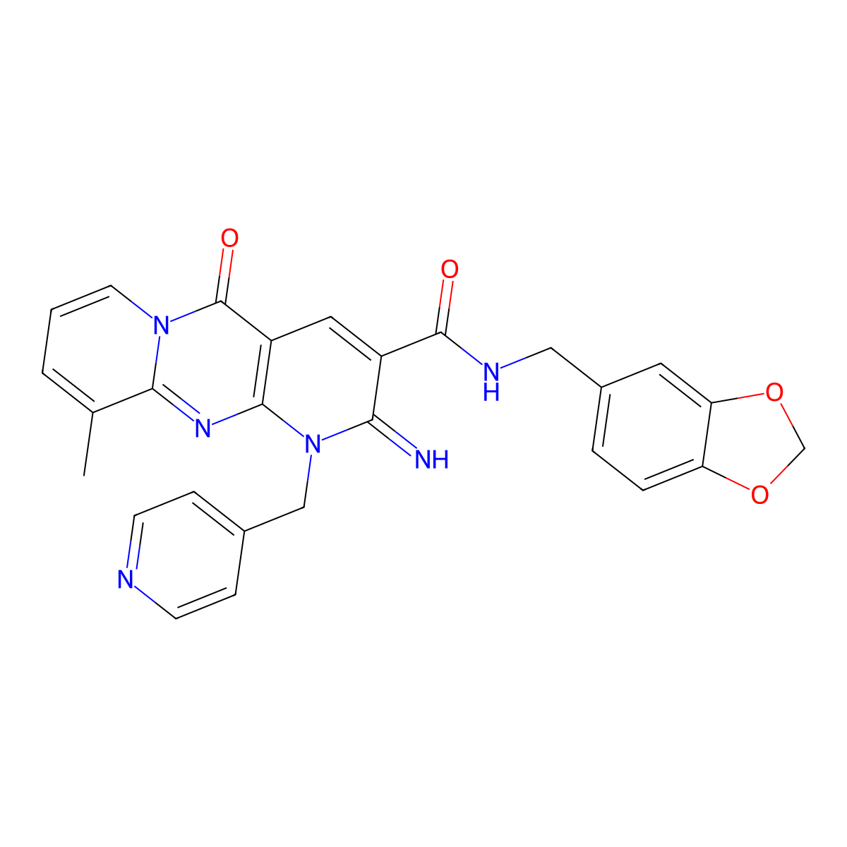 N~3~-(1,3-benzodioxol-5-ylmethyl)-2-imino-10-methyl-5-oxo-1-(4-pyridylmethyl)-1,5-dihydro-2H-dipyrido[1,2-a:2,3-d]pyrimidine-3-carboxamide molecular structure, CAS 845631-49-4