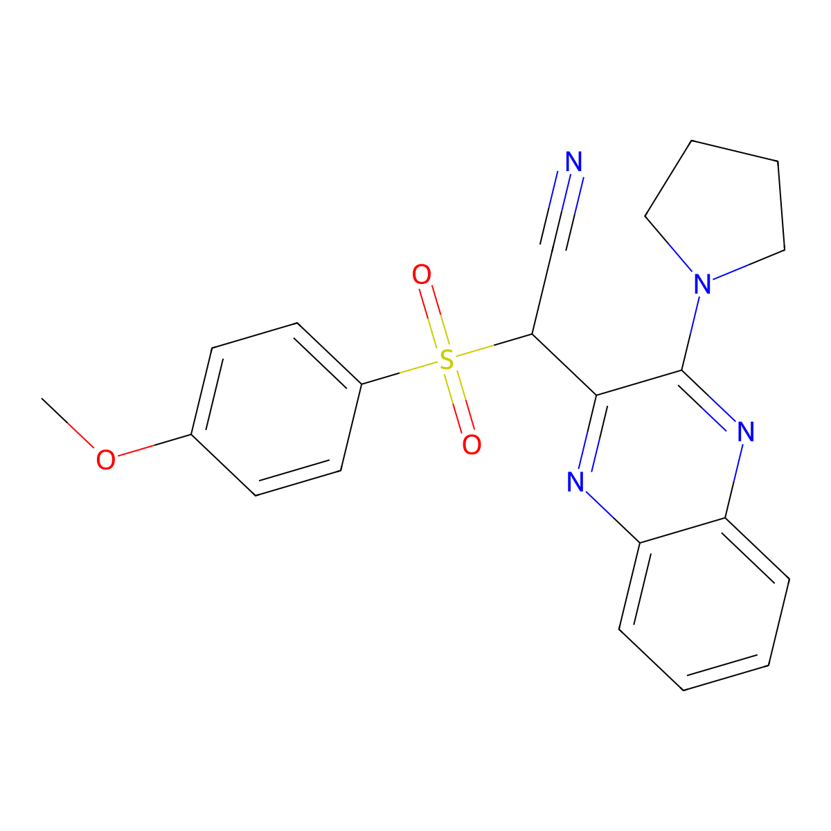2-((4-Methoxyphenyl)sulfonyl)-2-(3-(pyrrolidin-1-yl)quinoxalin-2-yl)acetonitrile molecular structure, CAS 845632-00-0