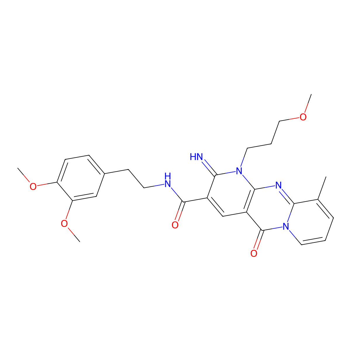 N-[2-(3,4-dimethoxyphenyl)ethyl]-2-imino-1-(3-methoxypropyl)-10-methyl-5-oxo-1,5-dihydro-2H-dipyrido[1,2-a:2',3'-d]pyrimidine-3-carboxamide molecular structure, CAS 845632-11-3