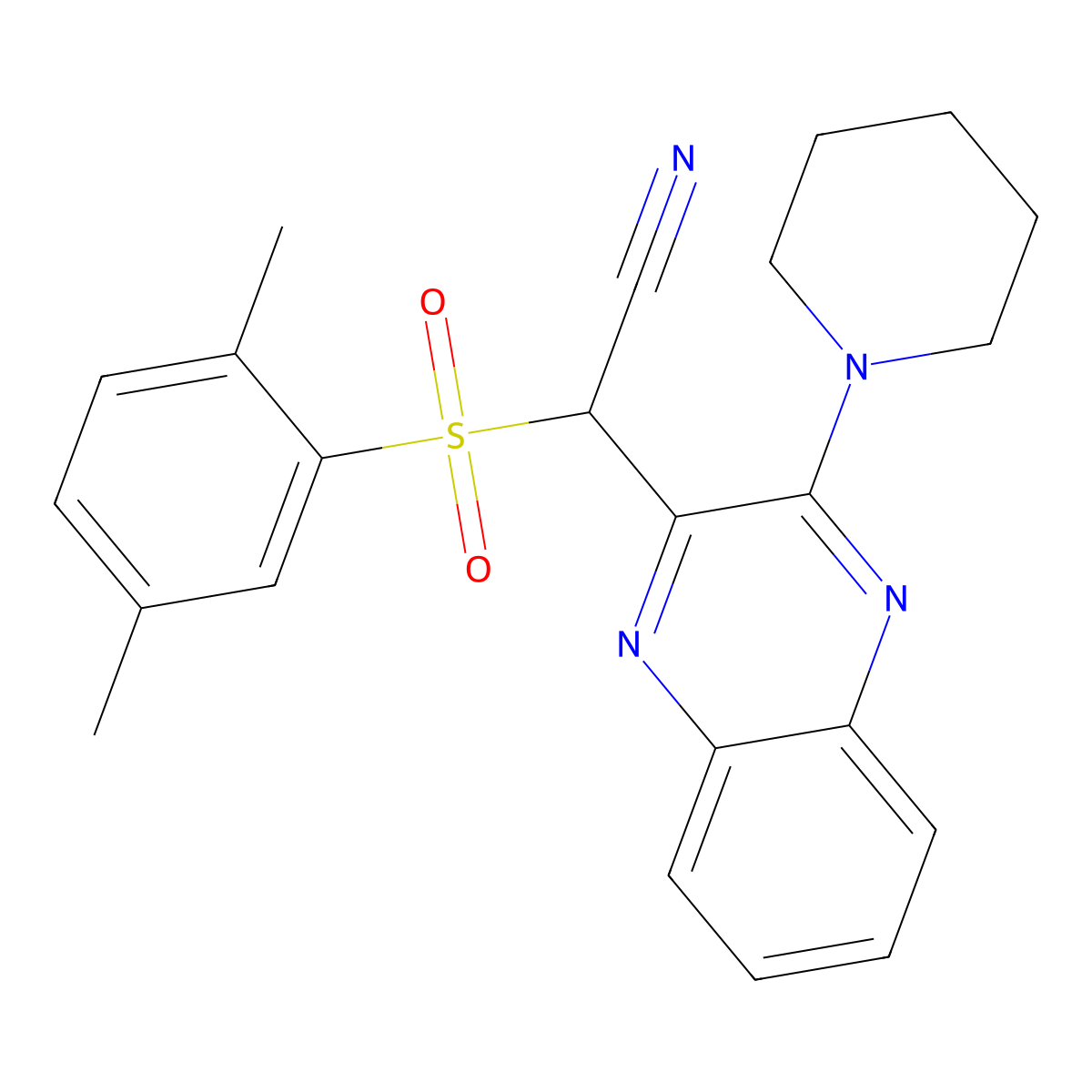 2-((2,5-Dimethylphenyl)sulfonyl)-2-(3-(piperidin-1-yl)quinoxalin-2-yl)acetonitrile molecular structure, CAS 845632-44-2