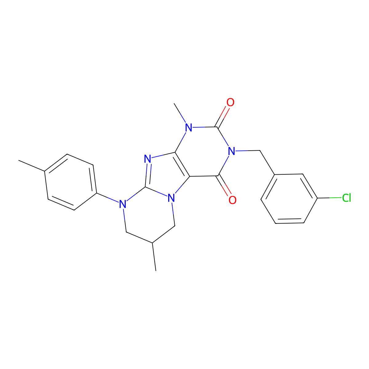 3-[(3-chlorophenyl)methyl]-1,7-dimethyl-9-(4-methylphenyl)-1H,2H,3H,4H,6H,7H,8H,9H-pyrimido[1,2-g]purine-2,4-dione molecular structure, CAS 845632-76-0