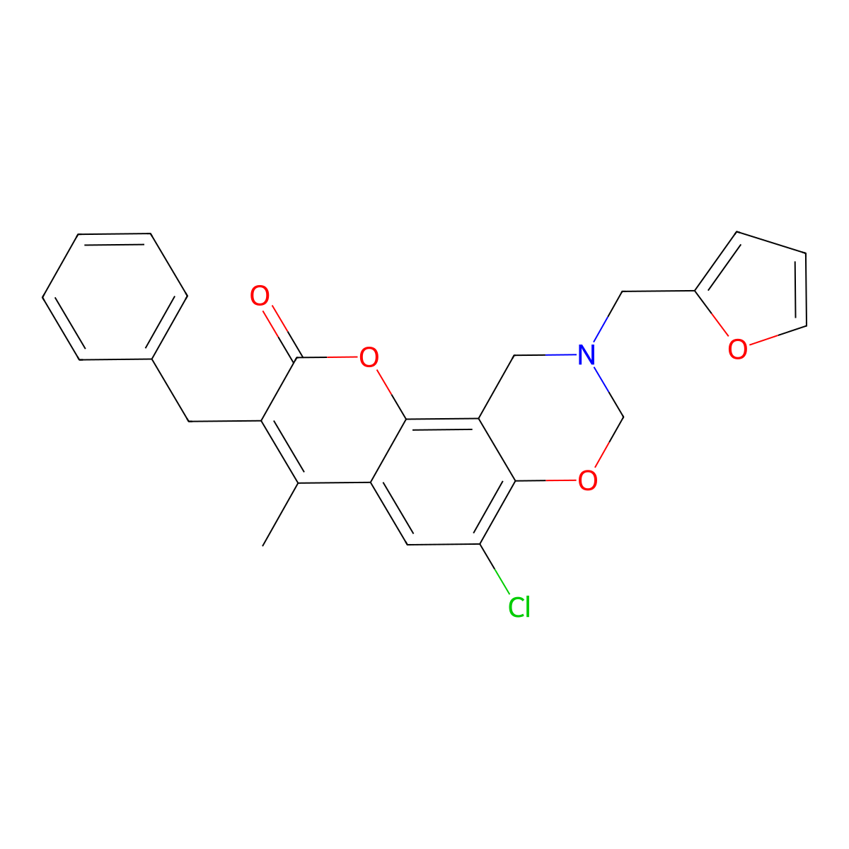 3-benzyl-6-chloro-9-(2-furylmethyl)-4-methyl-9,10-dihydro-2H,8H-chromeno[8,7-e][1,3]oxazin-2-one molecular structure, CAS 845633-21-8