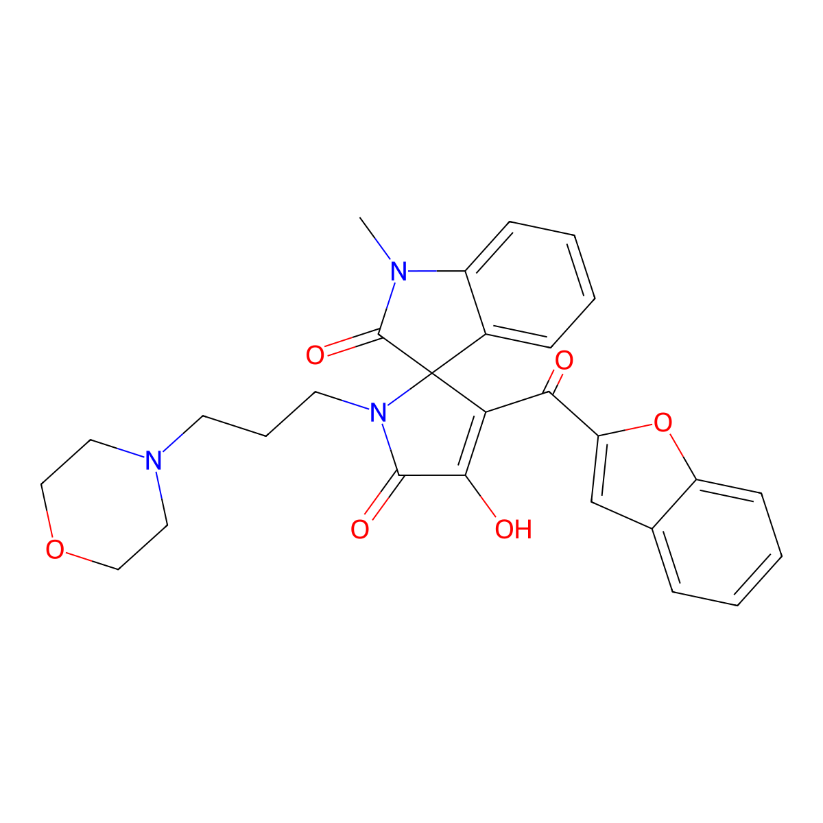 3'-(1-benzofuran-2-ylcarbonyl)-4'-hydroxy-1-methyl-1'-[3-(morpholin-4-yl)propyl]spiro[indole-3,2'-pyrrole]-2,5'(1H,1'H)-dione molecular structure, CAS 845633-49-0