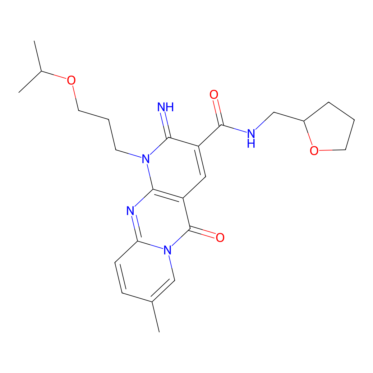 6-imino-13-methyl-2-oxo-N-[(oxolan-2-yl)methyl]-7-[3-(propan-2-yloxy)propyl]-1,7,9-triazatricyclo[8.4.0.0^{3,8}]tetradeca-3(8),4,9,11,13-pentaene-5-carboxamide molecular structure, CAS 845633-76-3