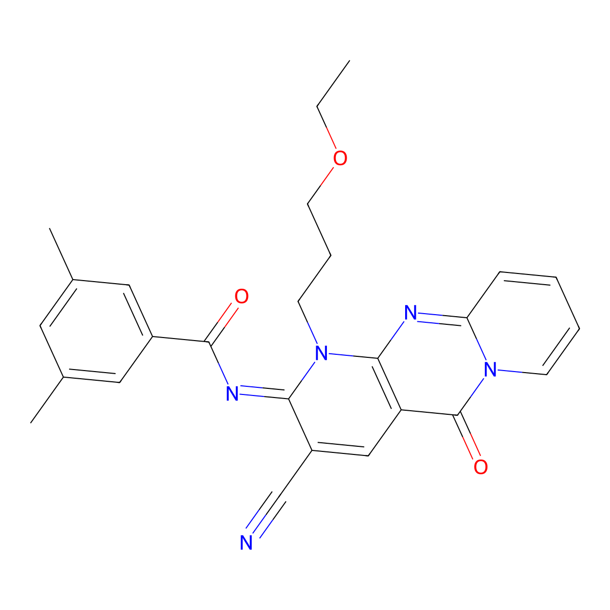 (E)-N-(3-cyano-1-(3-ethoxypropyl)-5-oxo-1H-dipyrido[1,2-a:2',3'-d]pyrimidin-2(5H)-ylidene)-3,5-dimethylbenzamide molecular structure, CAS 845633-97-8