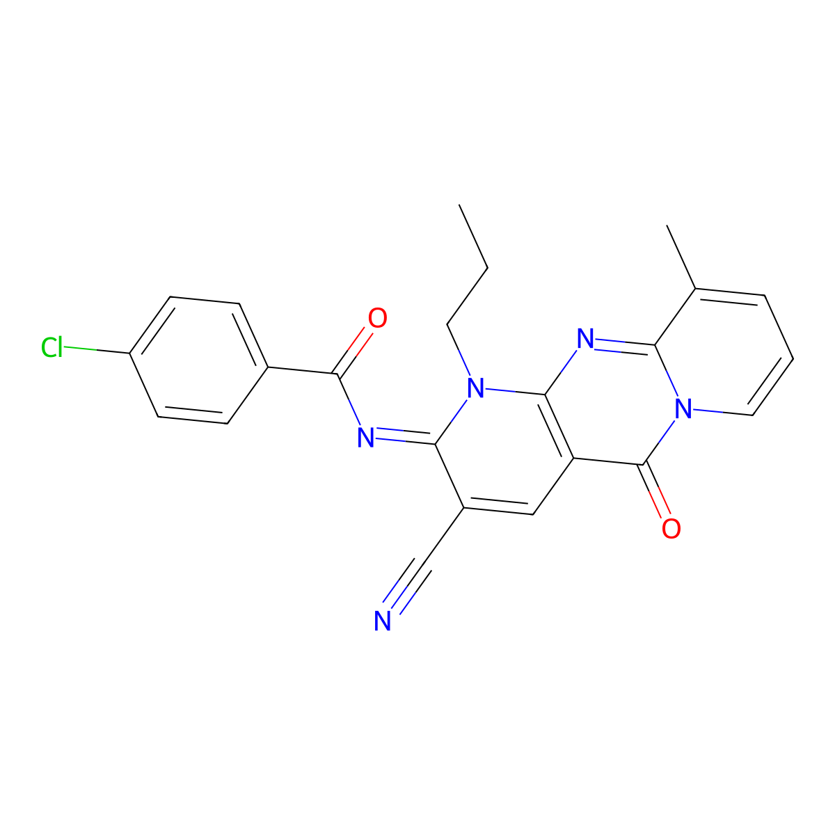 (E)-4-chloro-N-(3-cyano-10-methyl-5-oxo-1-propyl-1H-dipyrido[1,2-a:2',3'-d]pyrimidin-2(5H)-ylidene)benzamide molecular structure, CAS 845634-52-8