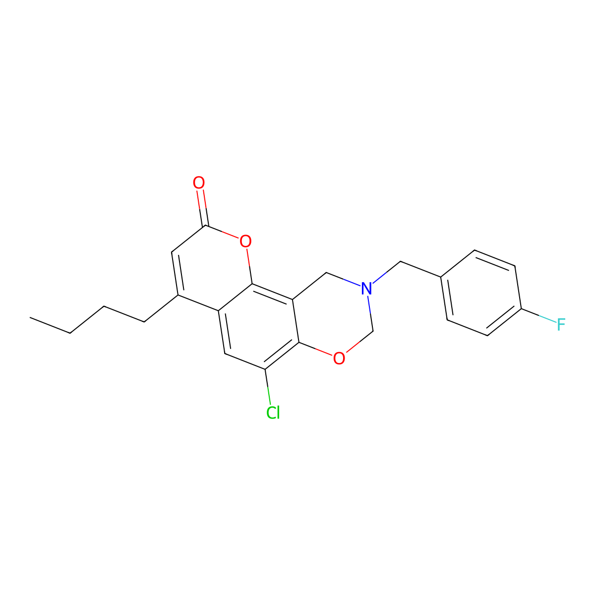 4-butyl-6-chloro-9-(4-fluorobenzyl)-9,10-dihydro-2H,8H-chromeno[8,7-e][1,3]oxazin-2-one molecular structure, CAS 845635-82-7