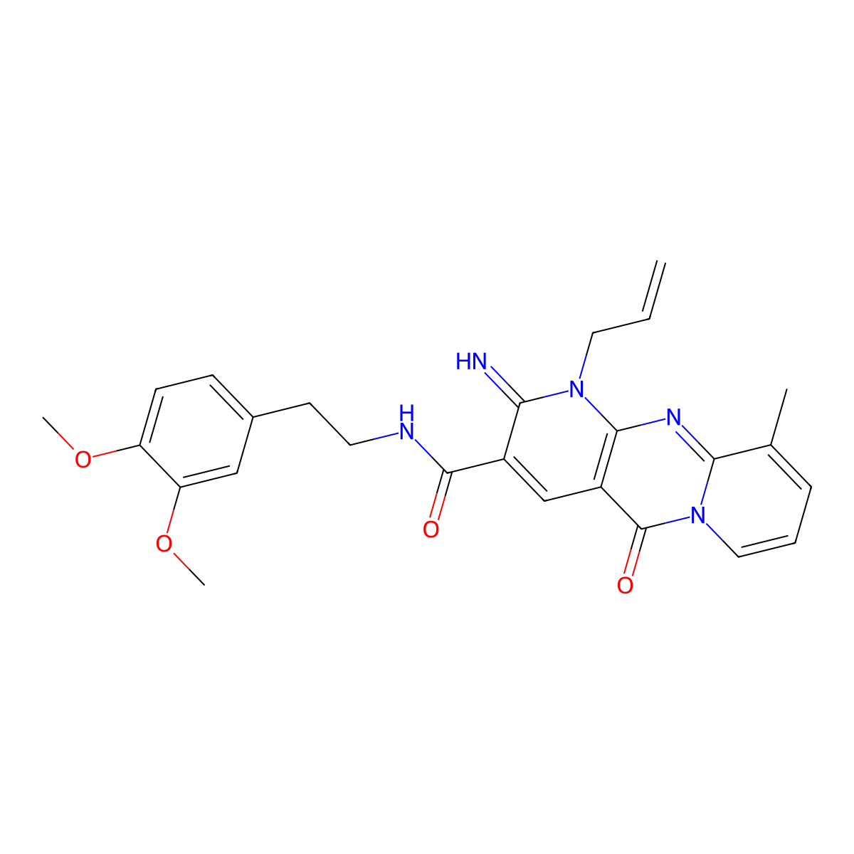 1-allyl-N~3~-(3,4-dimethoxyphenethyl)-2-imino-10-methyl-5-oxo-1,5-dihydro-2H-dipyrido[1,2-a:2,3-d]pyrimidine-3-carboxamide molecular structure, CAS 845636-45-5