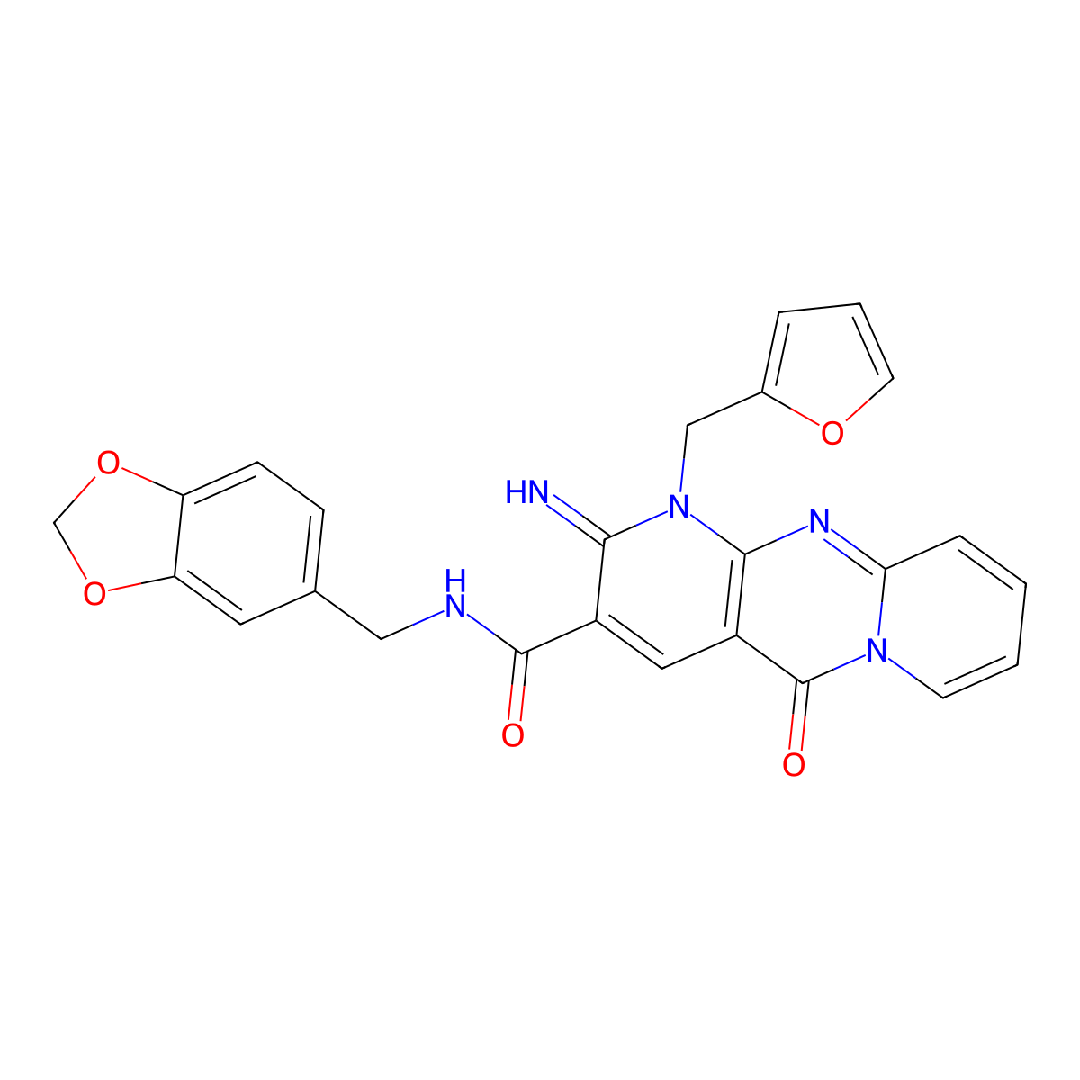N-(1,3-Benzodioxol-5-ylmethyl)-7-(furan-2-ylmethyl)-6-imino-2-oxo-1,7,9-triazatricyclo[8.4.0.03,8]tetradeca-3(8),4,9,11,13-pentaene-5-carboxamide molecular structure, CAS 845637-89-0